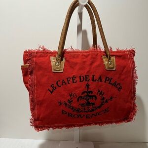 Le café de la place Canvas, shoulder bag, red fringe leather straps
